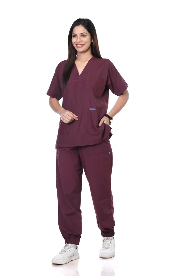 Wine_7_Pocket_V_Neck_Scrub_With_Cap_&_Mask_For_Women
