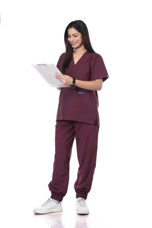 Wine_7_Pocket_V_Neck_Scrub_With_Cap_&_Mask_For_Women