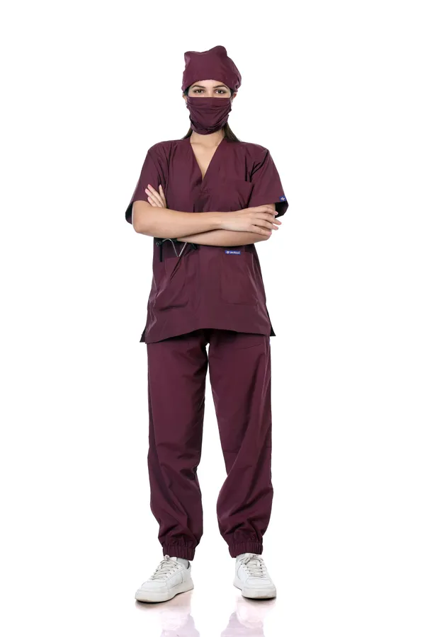Wine_7_Pocket_V_Neck_Scrub_With_Cap_&_Mask_For_Women