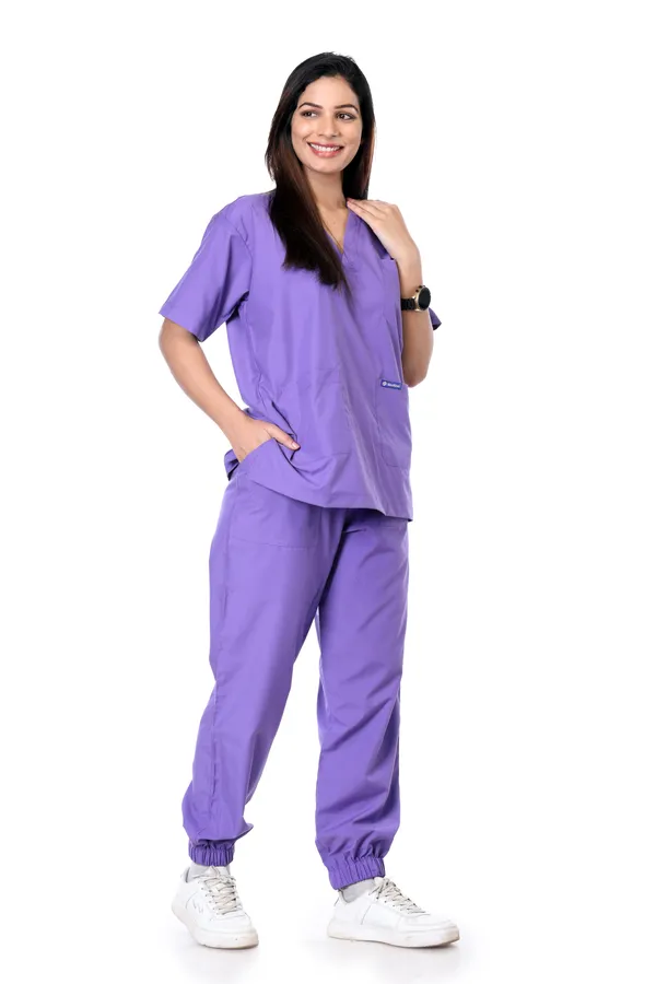 Lavender_7_Pocket_V_Neck_Scrub_With_Cap_&_Mask_For_Women
