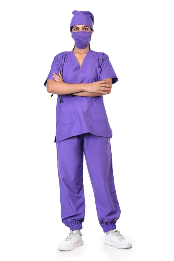 Lavender_7_Pocket_V_Neck_Scrub_With_Cap_&_Mask_For_Women
