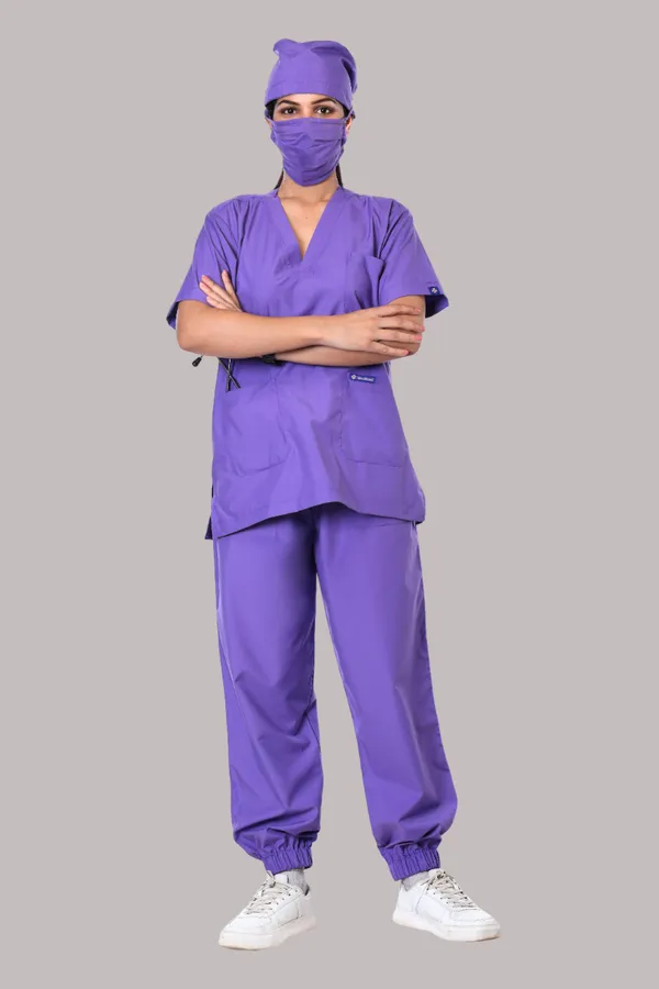 Lavender_7_Pocket_V_Neck_Scrub_With_Cap_&_Mask_For_Women