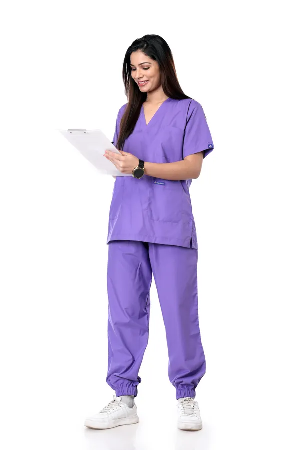 Lavender_7_Pocket_V_Neck_Scrub_With_Cap_&_Mask_For_Women