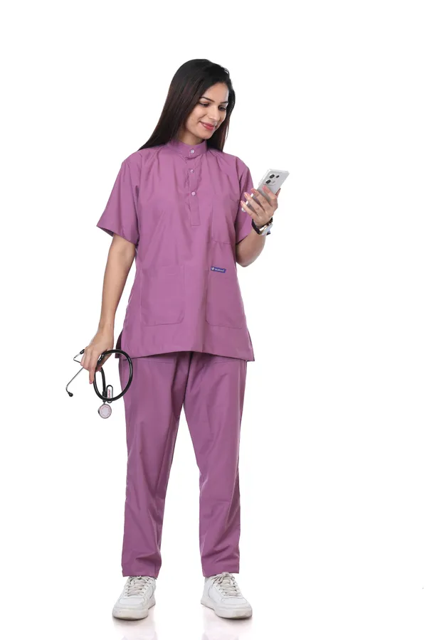 Misty_Pink_5_Pocket_Mandarin_Collar_Scrub_With_Cap_&_Mask_For_Women
