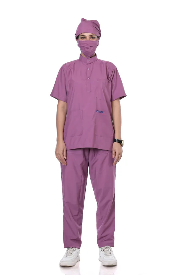 Misty_Pink_5_Pocket_Mandarin_Collar_Scrub_With_Cap_&_Mask_For_Women