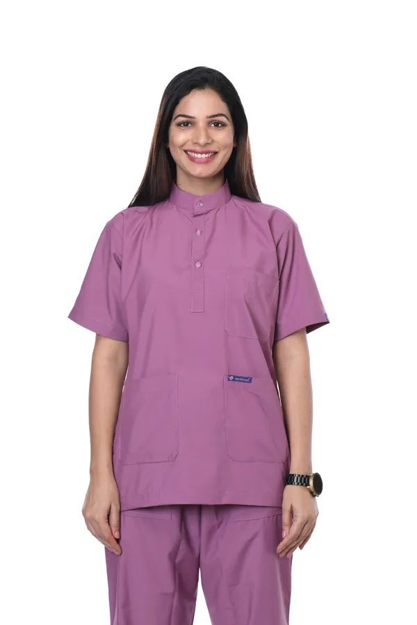 Misty_Pink_5_Pocket_Mandarin_Collar_Scrub_With_Cap_&_Mask_For_Women