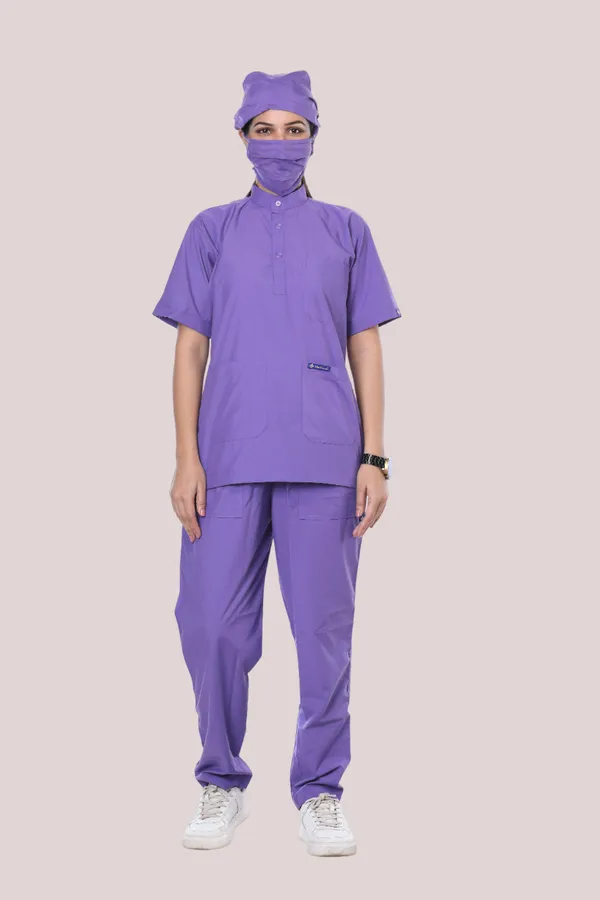 Lavender_5_Pocket_Mandarin_Collar_Scrub_With_Cap_&_Mask_For_Women