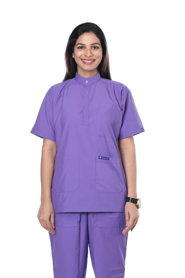 Lavender_5_Pocket_Mandarin_Collar_Scrub_With_Cap_&_Mask_For_Women