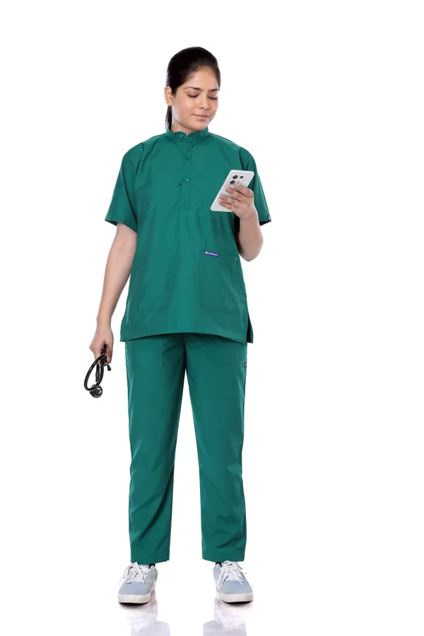 Green_5_Pocket_Mandarin_Collar_Scrub_With_Cap_&_Mask_For_Women