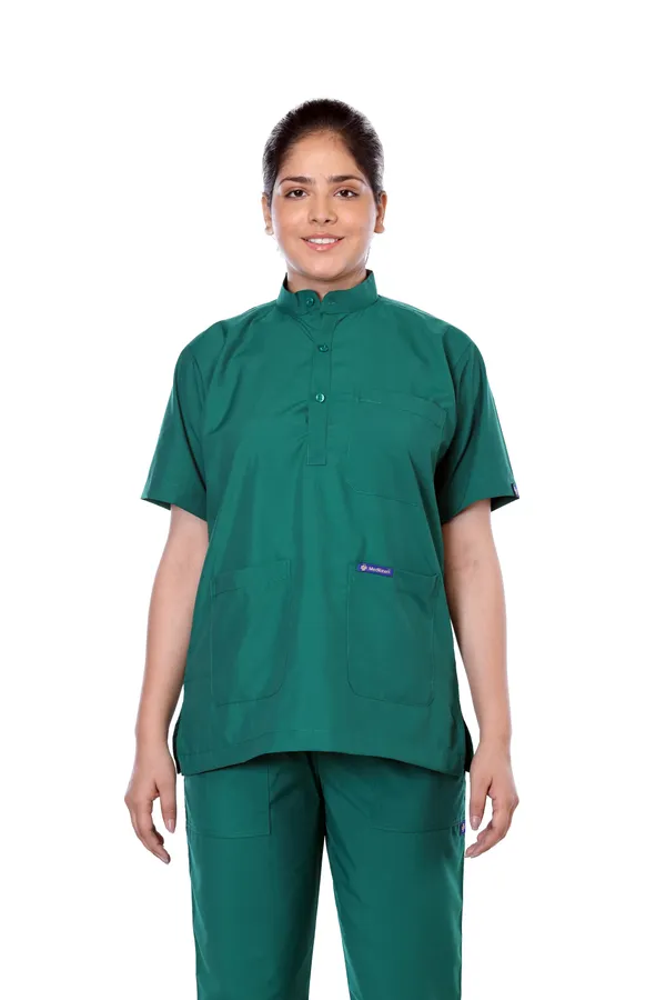 Green_5_Pocket_Mandarin_Collar_Scrub_With_Cap_&_Mask_For_Women