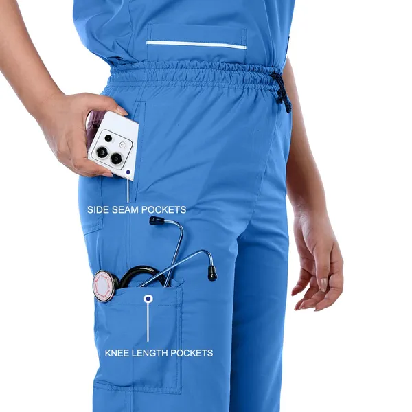 Sky_Blue_9_Pocket_Biofit_Collar_Scrub_With_Cap_&_Mask_For_Women