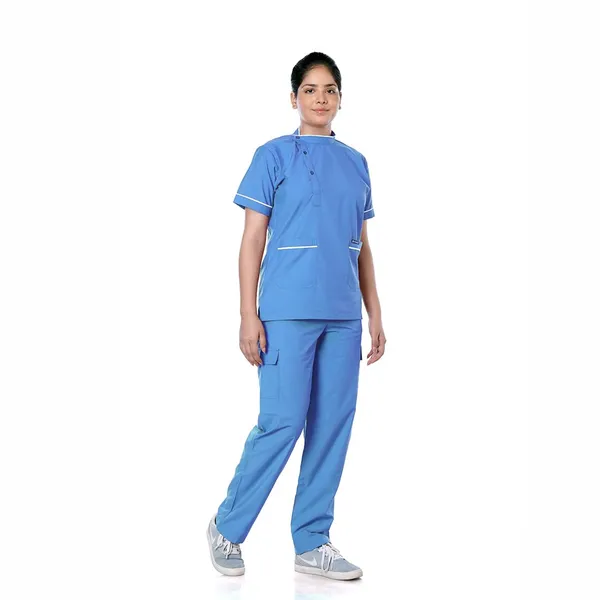 Sky_Blue_9_Pocket_Biofit_Collar_Scrub_With_Cap_&_Mask_For_Women