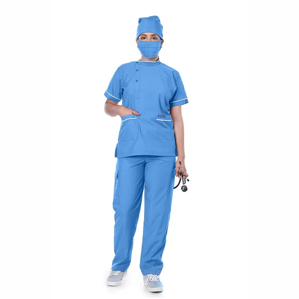 Sky_Blue_9_Pocket_Biofit_Collar_Scrub_With_Cap_&_Mask_For_Women