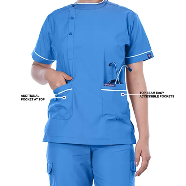 Sky_Blue_9_Pocket_Biofit_Collar_Scrub_With_Cap_&_Mask_For_Women