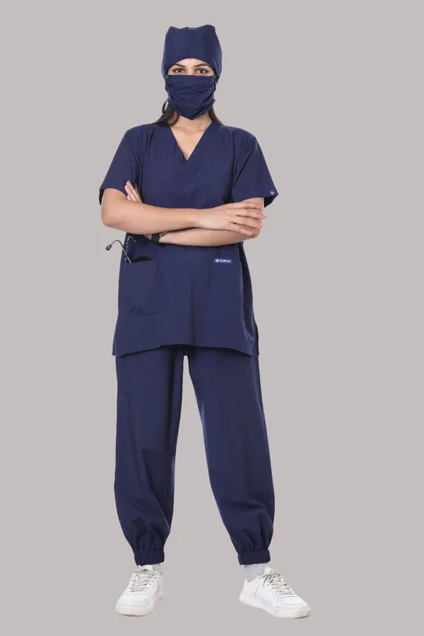 Navy_Blue_7_Pocket_V_Neck_Scrub_With_Cap_&_Mask_For_Women