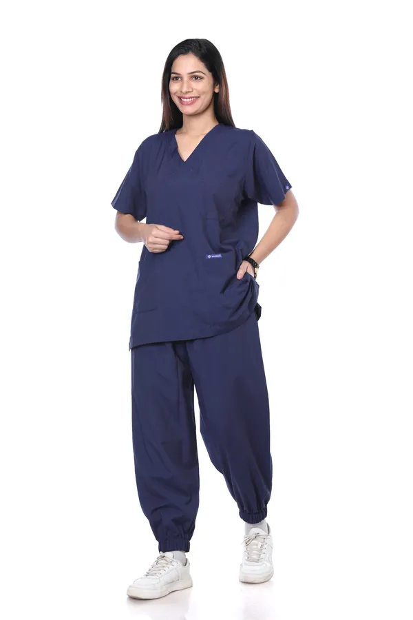 Navy_Blue_7_Pocket_V_Neck_Scrub_With_Cap_&_Mask_For_Women