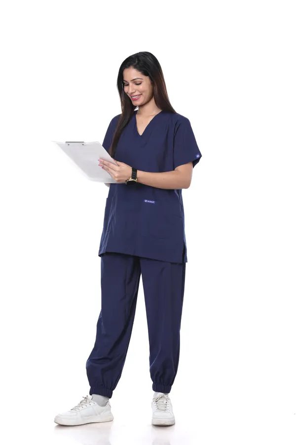 Navy_Blue_7_Pocket_V_Neck_Scrub_With_Cap_&_Mask_For_Women