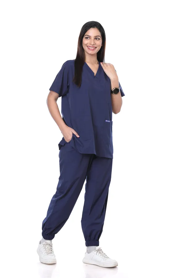Navy_Blue_7_Pocket_V_Neck_Scrub_With_Cap_&_Mask_For_Women