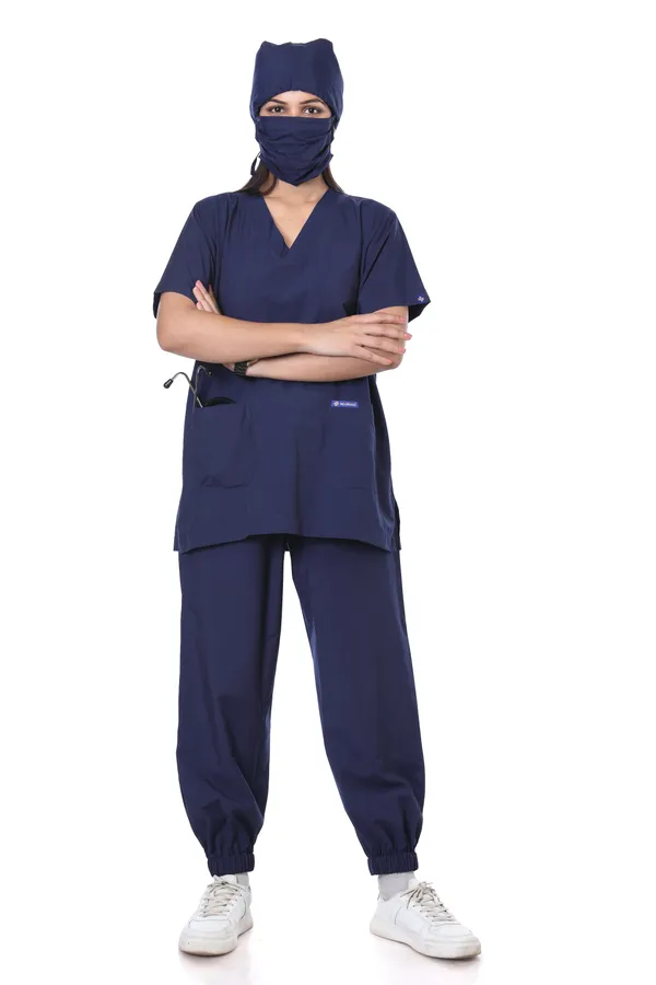 Navy_Blue_7_Pocket_V_Neck_Scrub_With_Cap_&_Mask_For_Women