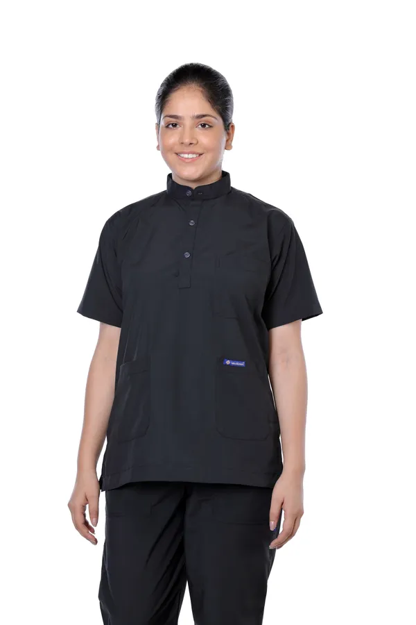 Black_5_Pocket_Mandarin_Collar_Scrub_With_Cap_&_Mask_For_Women