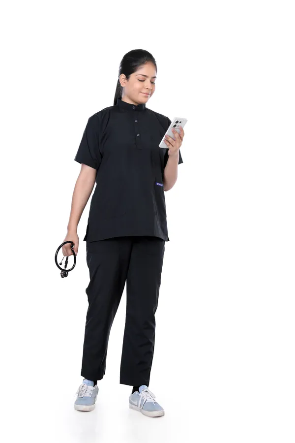 Black_5_Pocket_Mandarin_Collar_Scrub_With_Cap_&_Mask_For_Women