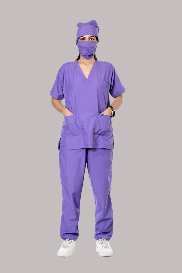 Lavender_5_Pocket_V_Neck_Scrub_With_Cap_&_Mask_For_Women