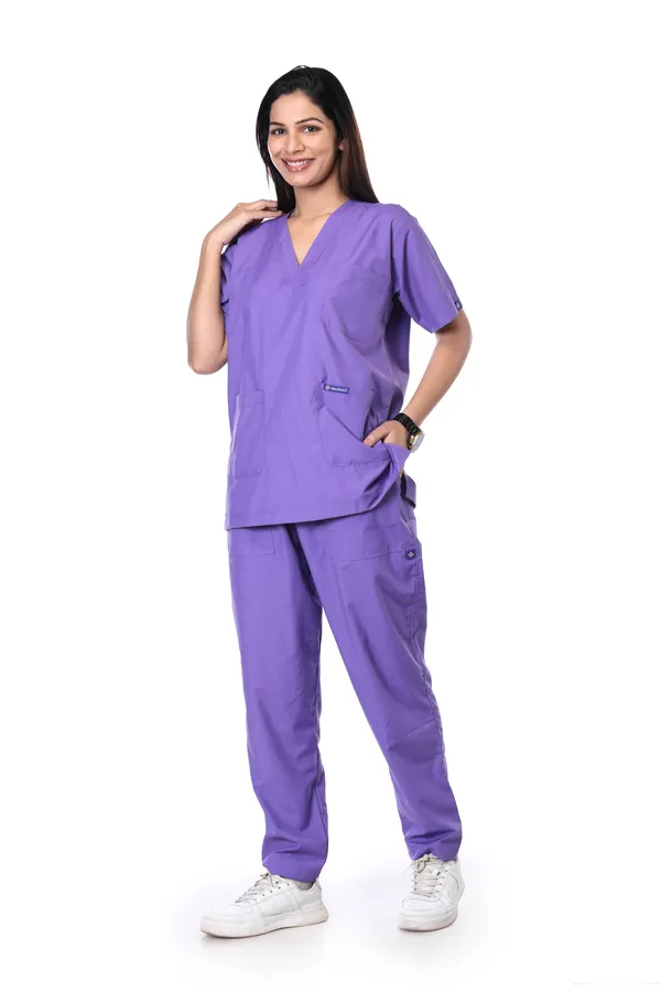 Lavender_5_Pocket_V_Neck_Scrub_With_Cap_&_Mask_For_Women