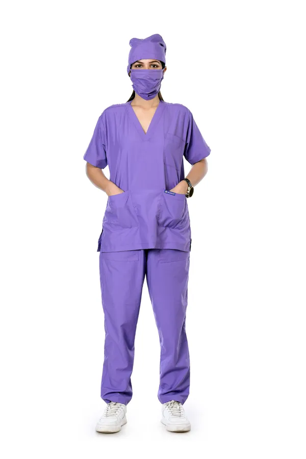 Lavender_5_Pocket_V_Neck_Scrub_With_Cap_&_Mask_For_Women