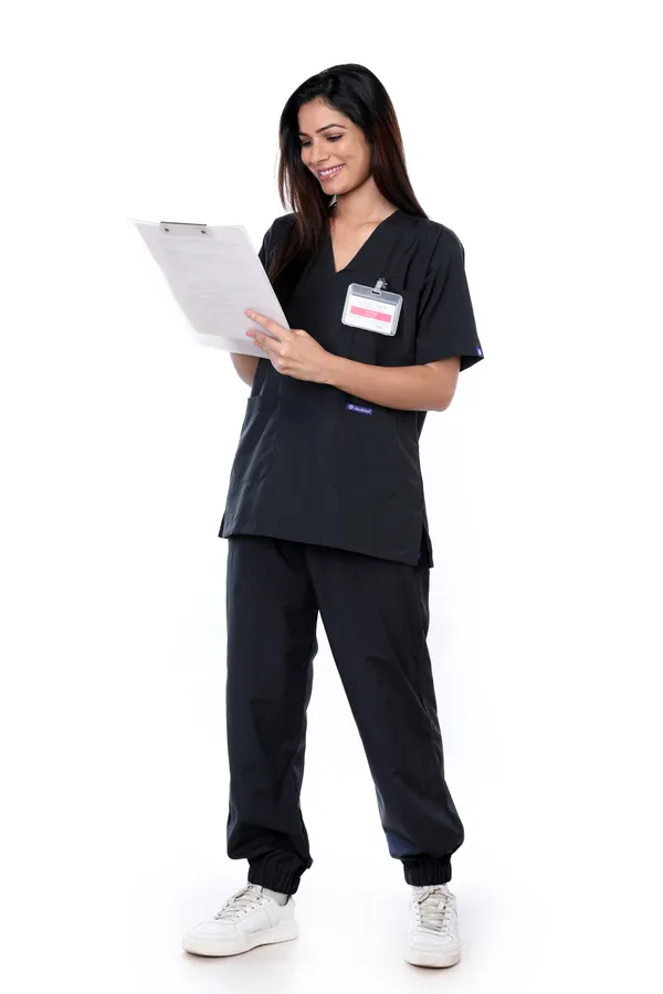 Black_7_Pocket_V_Neck_Scrub_With_Cap_&_Mask_For_Women