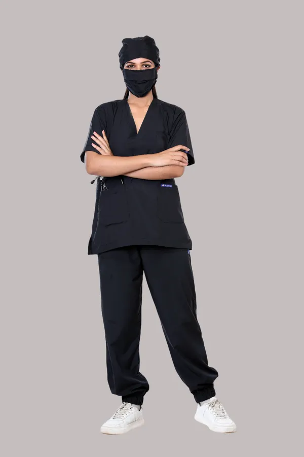 Black_7_Pocket_V_Neck_Scrub_With_Cap_&_Mask_For_Women