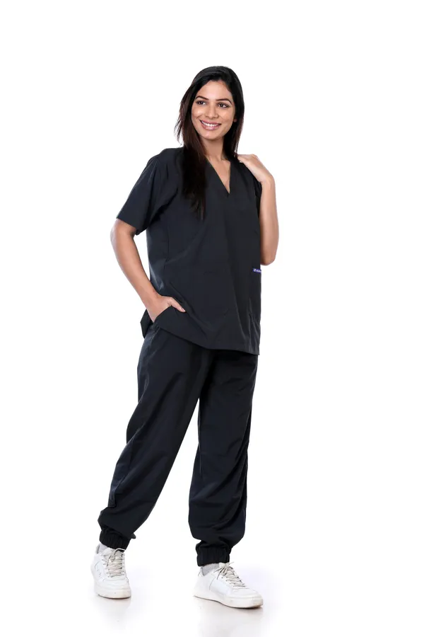 Black_7_Pocket_V_Neck_Scrub_With_Cap_&_Mask_For_Women