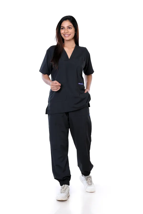 Black_7_Pocket_V_Neck_Scrub_With_Cap_&_Mask_For_Women