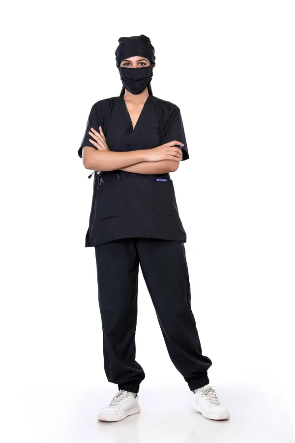 Black_7_Pocket_V_Neck_Scrub_With_Cap_&_Mask_For_Women