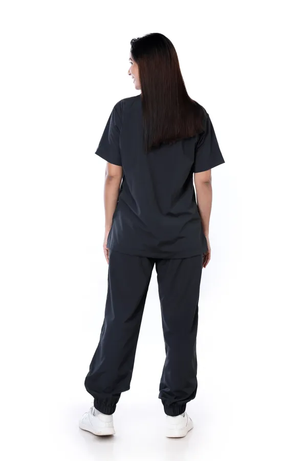 Black_7_Pocket_V_Neck_Scrub_With_Cap_&_Mask_For_Women