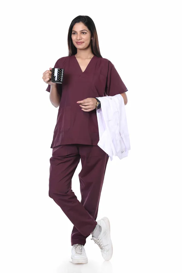 Wine_5_Pocket_V_Neck_Scrub_With_Cap_&_Mask_For_Women