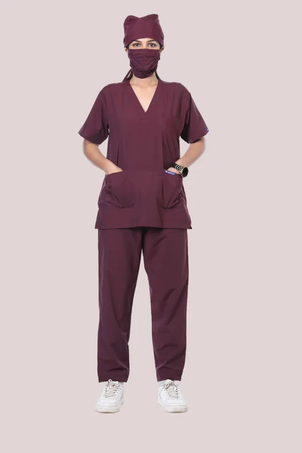 Wine_5_Pocket_V_Neck_Scrub_With_Cap_&_Mask_For_Women