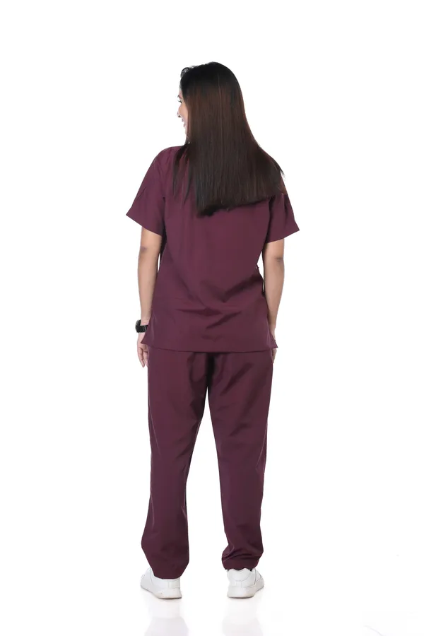 Wine_5_Pocket_V_Neck_Scrub_With_Cap_&_Mask_For_Women