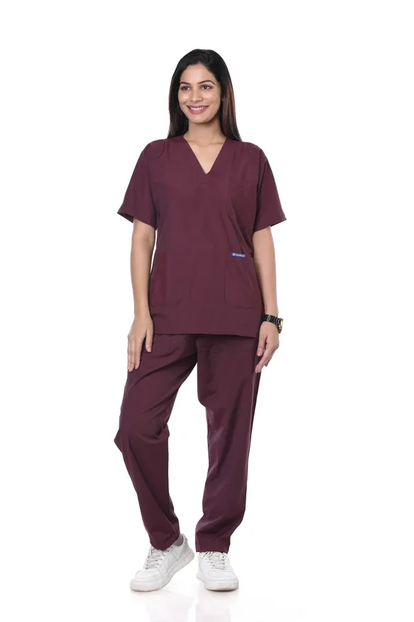 Wine_5_Pocket_V_Neck_Scrub_With_Cap_&_Mask_For_Women