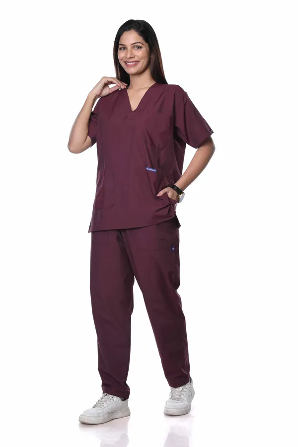 Wine_5_Pocket_V_Neck_Scrub_With_Cap_&_Mask_For_Women
