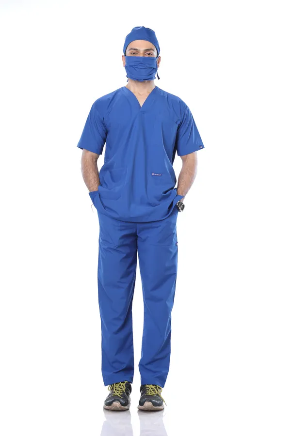 Royal_Blue_9_Pocket_Scrub_V_Neck_With_Cap_&_Mask_For_Men