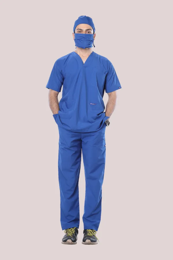 Royal_Blue_9_Pocket_Scrub_V_Neck_With_Cap_&_Mask_For_Men