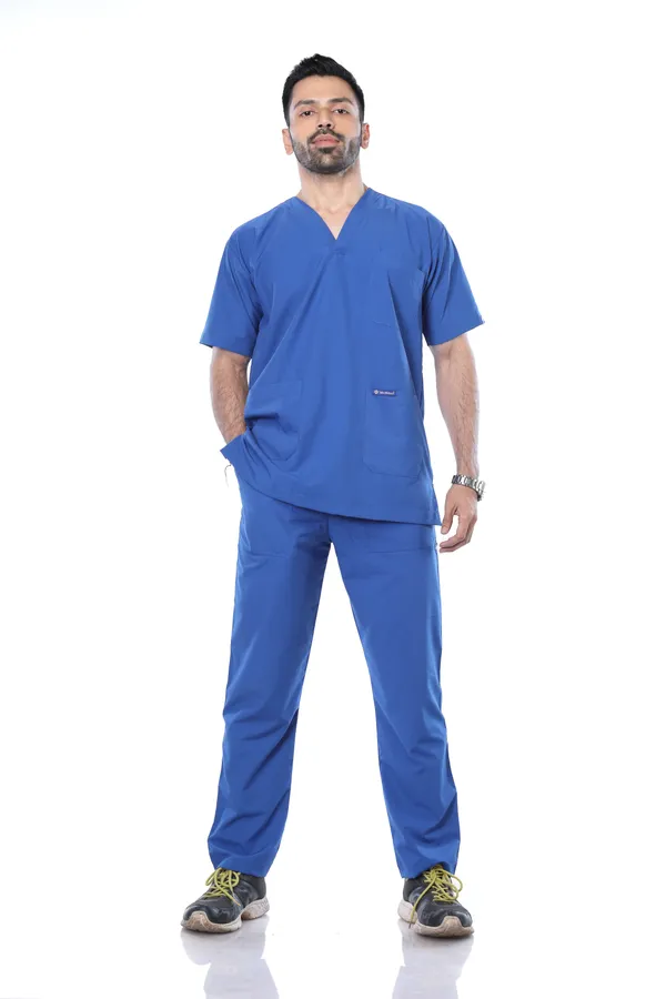 Royal_Blue_9_Pocket_Scrub_V_Neck_With_Cap_&_Mask_For_Men