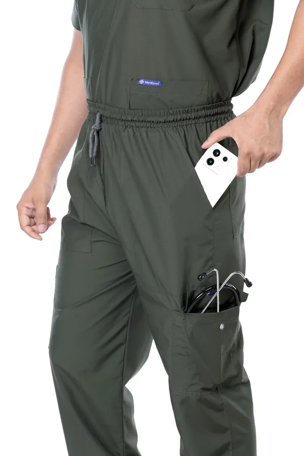 Forest_Green_9_Pocket_Scrub_V_Neck_With_Cap_&_Mask_For_Men