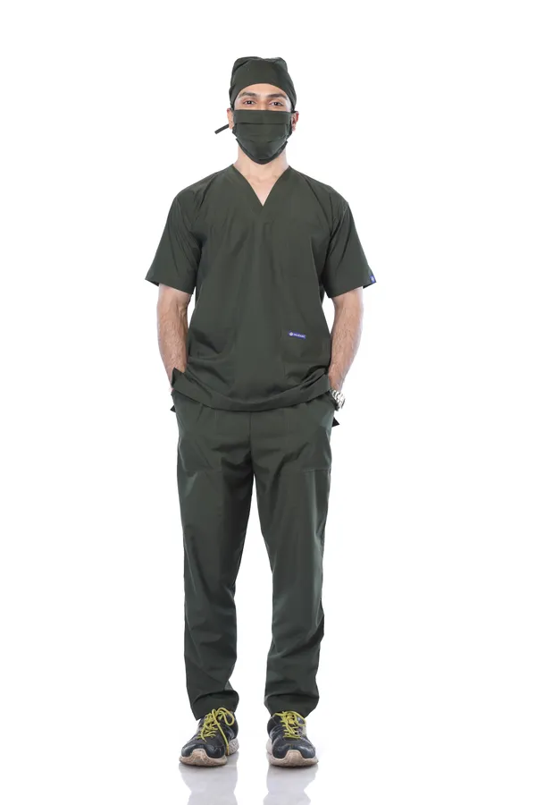 Forest_Green_9_Pocket_Scrub_V_Neck_With_Cap_&_Mask_For_Men