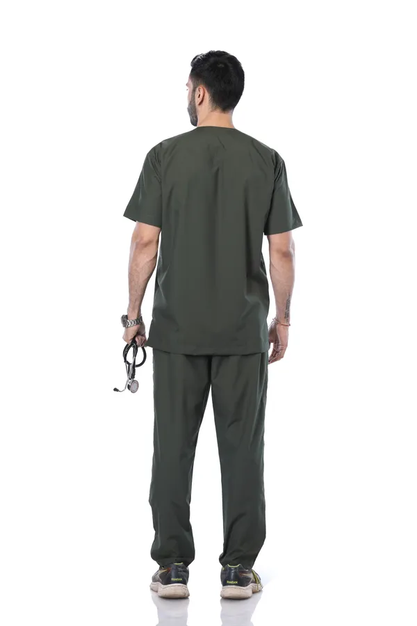 Forest_Green_9_Pocket_Scrub_V_Neck_With_Cap_&_Mask_For_Men