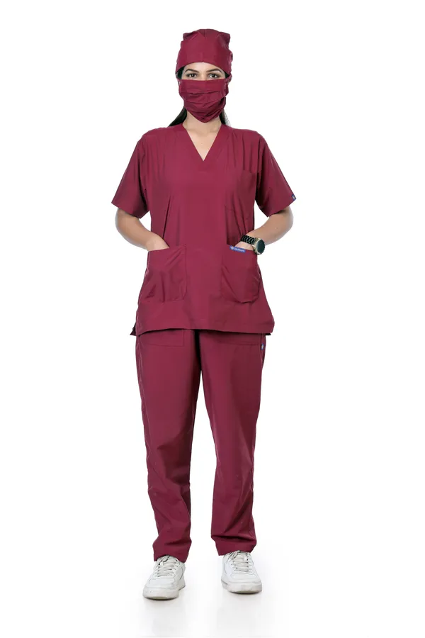 Maroon_5_Pocket_V_Neck_Scrub_With_Cap_&_Mask_For_Women