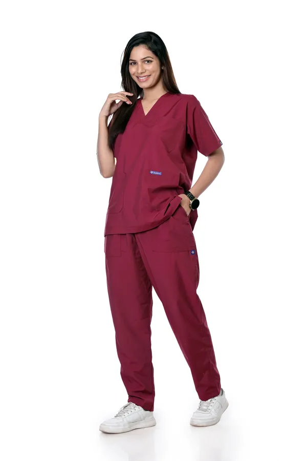 Maroon_5_Pocket_V_Neck_Scrub_With_Cap_&_Mask_For_Women