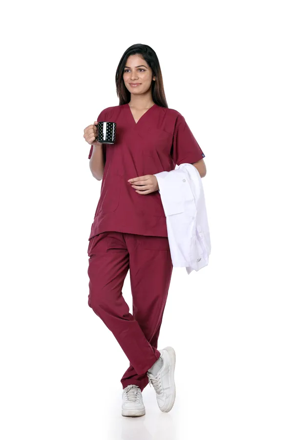 Maroon_5_Pocket_V_Neck_Scrub_With_Cap_&_Mask_For_Women