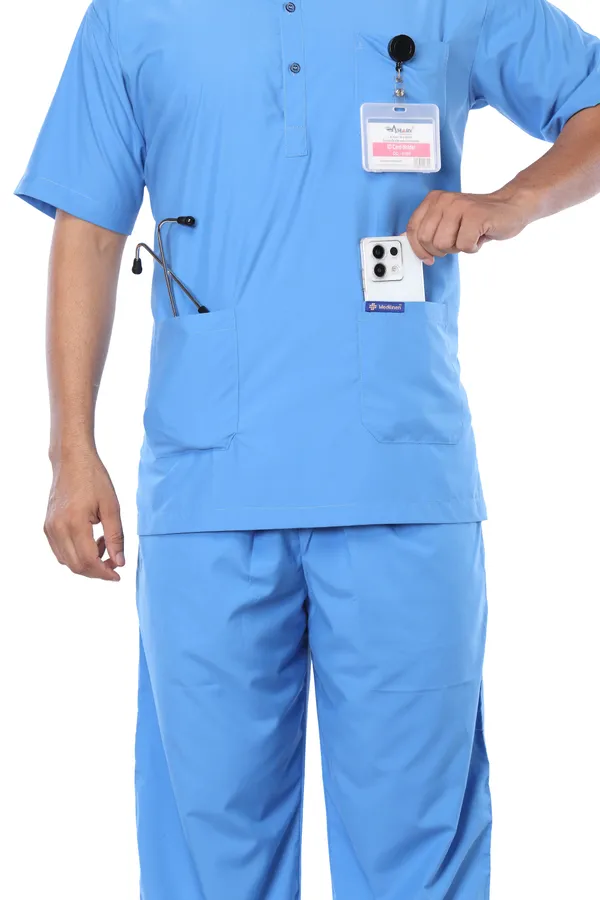 Sky_Blue_5_Pocket_Mandarin_Collar_Scrub_With_Cap_&_Mask_For_Men
