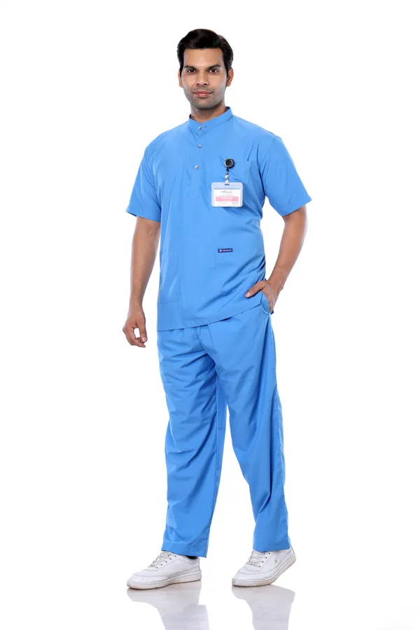 Sky_Blue_5_Pocket_Mandarin_Collar_Scrub_With_Cap_&_Mask_For_Men